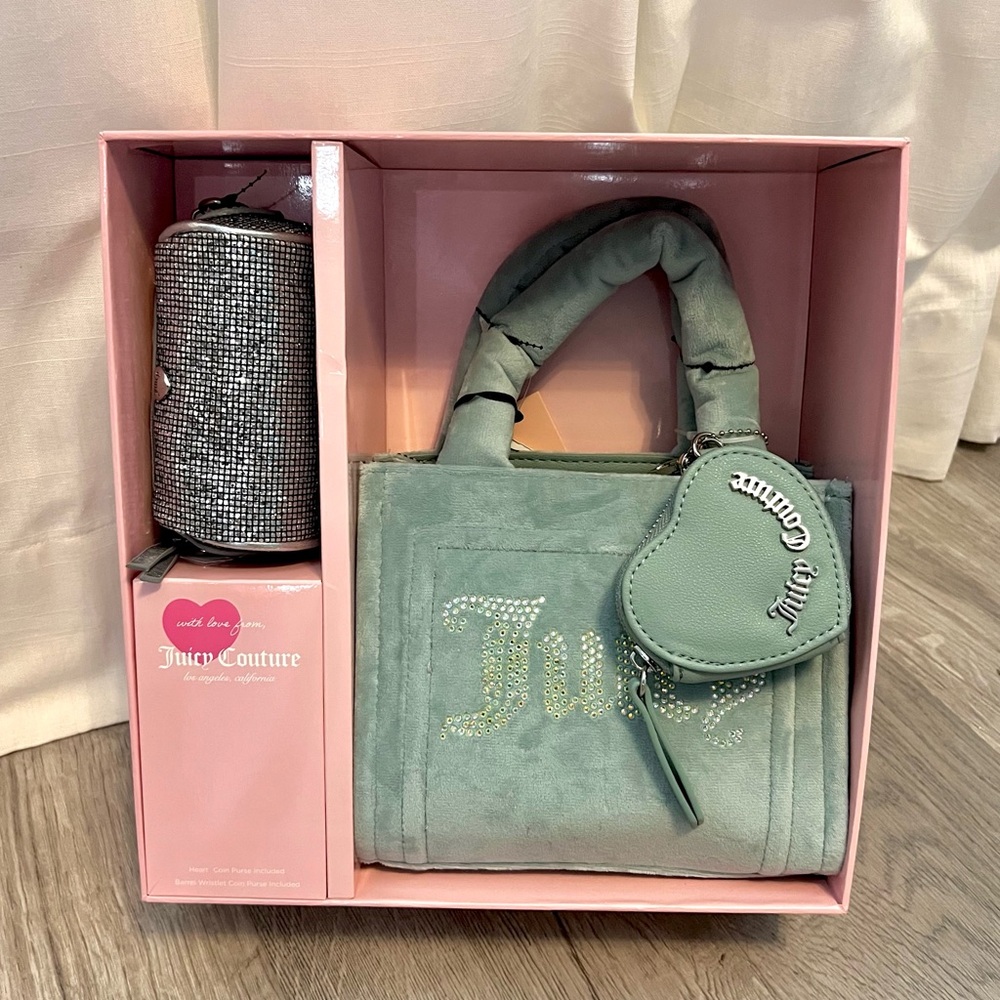 Juicy Couture Big Spender Tote & Coin Purse-Cool Blue-Rhinestones-Fuzzy-3 pc set